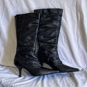 Nine West Ruched Pointed Toe Black Leather High Heeled Boots - Size 9